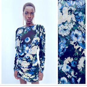 Zara Black/Green Viscose Floral Print Mini Dress. Size small NWT